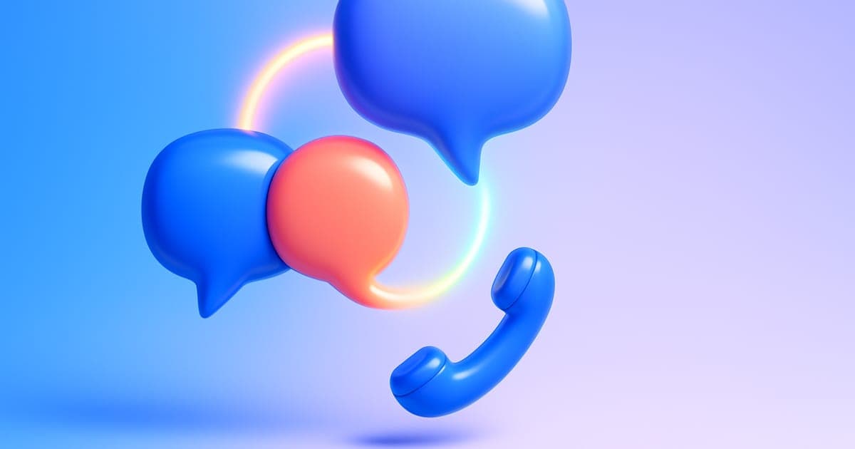 Two glossy 3D speech bubbles in different colors merging into a single one above a floating phone handset.