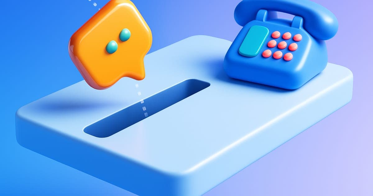 A glossy 3D text-message bubble falling into a gap in front of a business phone.