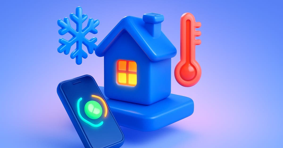 A glossy 3D house with a glowing warm window beside a snowflake, thermometer, and a ringing phone.