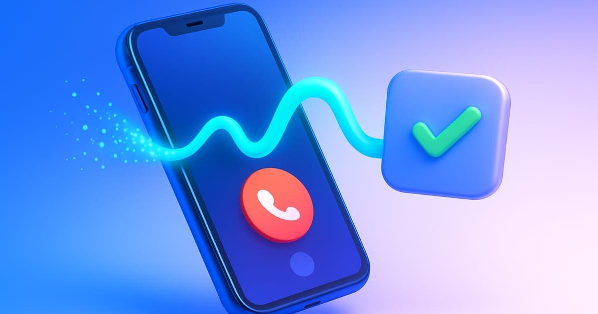 A glossy 3D phone whose call waveform dissolves into drifting particles on one side and firms into a solid lead card on the other.