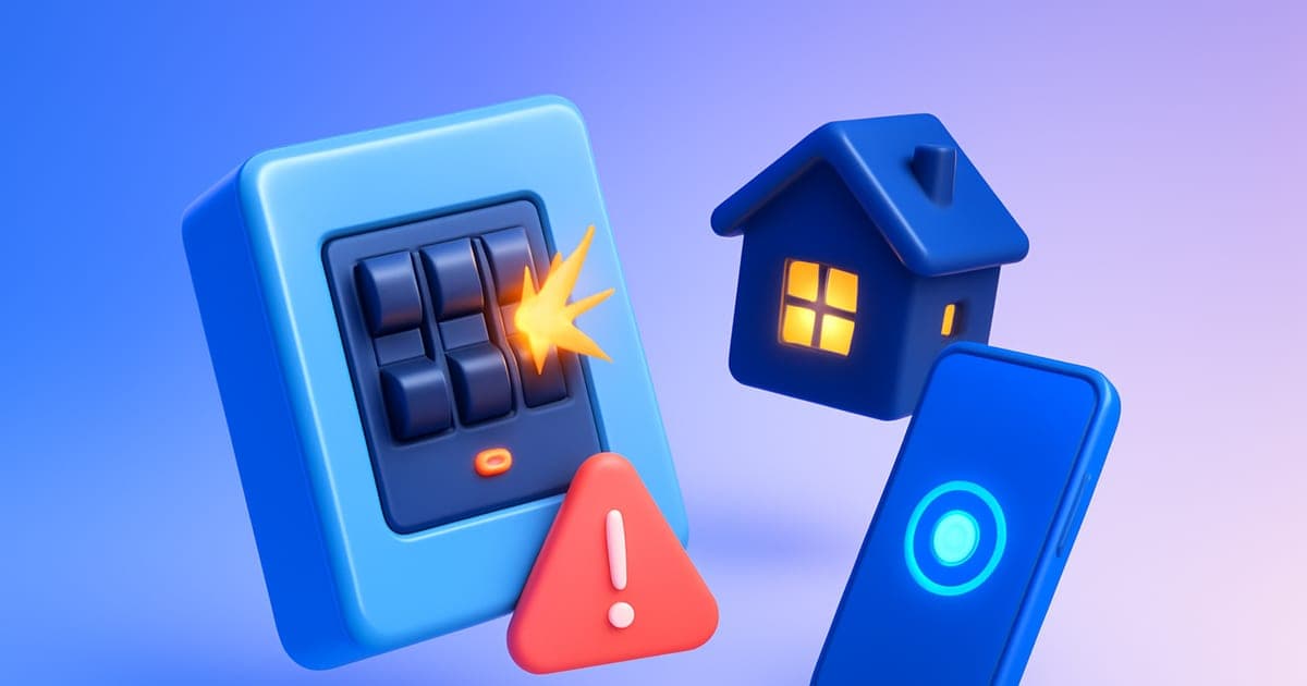 A glossy 3D electrical panel with a warning spark beside a darkened house and a brightly ringing phone.