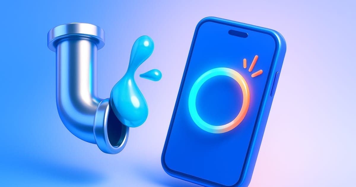 A glossy 3D burst pipe with a water droplet and a brightly ringing phone floating beside it.