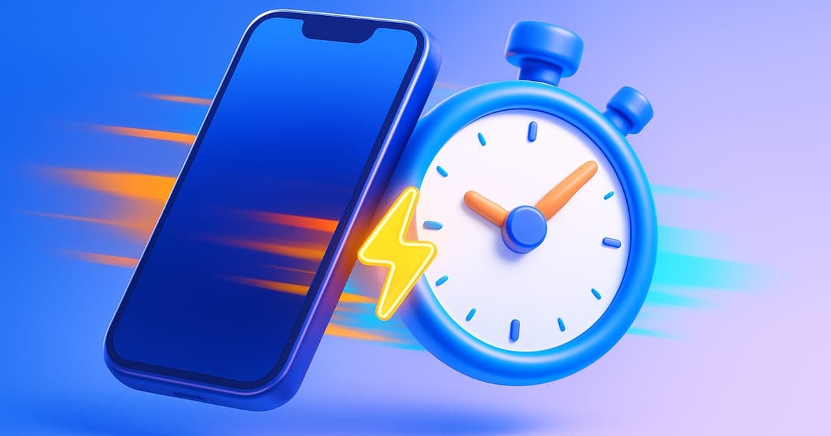 A glossy 3D smartphone racing past a stopwatch with motion streaks and a lightning bolt.