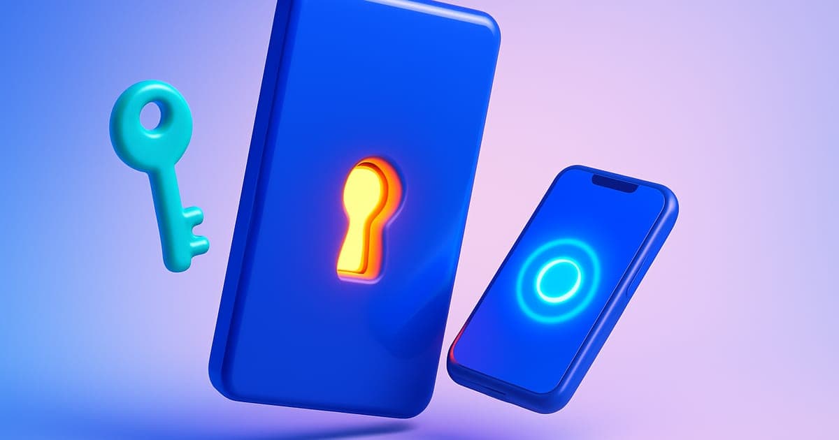 A glossy 3D door with a glowing keyhole beside a key and a brightly ringing phone.