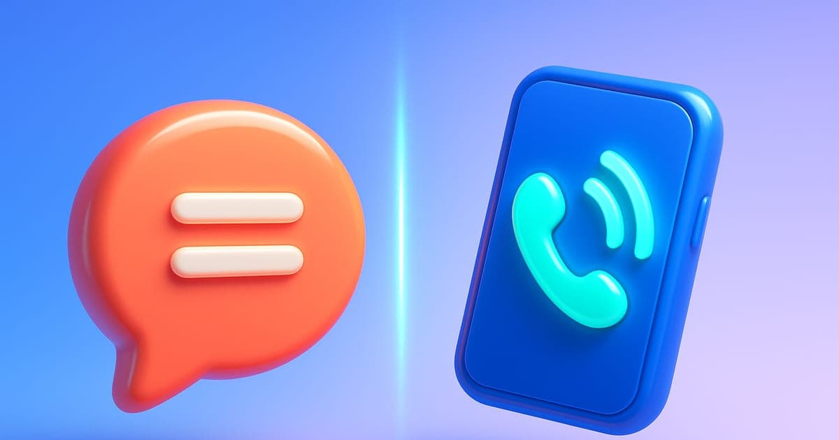 A glossy 3D speech bubble with a text icon beside a phone showing a live-call waveform.