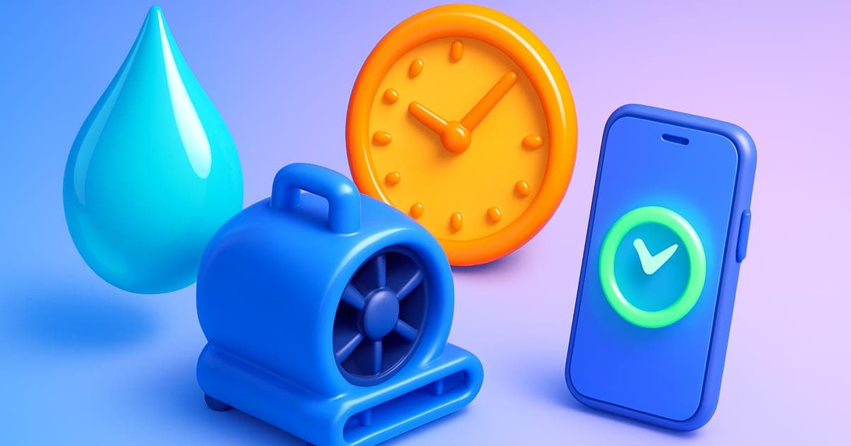 A glossy 3D water droplet and air-mover drying fan beside an amber clock and a phone showing a green checkmark.