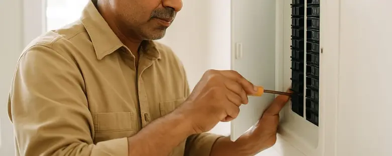 An electrician working with a screwdriver inside an open breaker panel