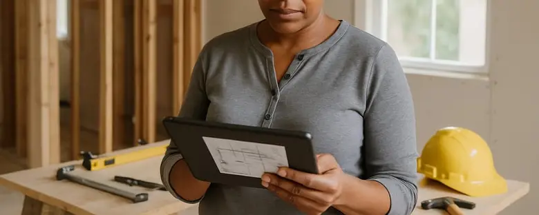 A contractor holding a tablet with a floor plan in a framed-out room