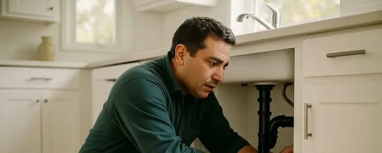 A plumber crouched at an open cabinet, inspecting the drain trap under a kitchen sink