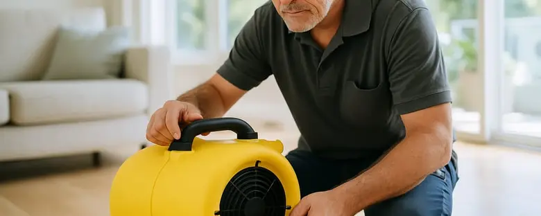 A restoration technician setting a yellow air mover down on the floor of a living room