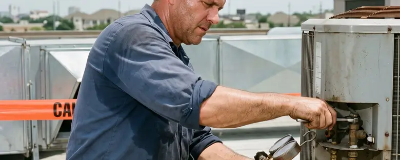 An HVAC technician connecting gauges to a rooftop condenser unit