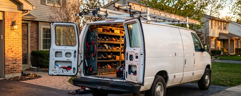 A work van in a driveway at dusk with its rear doors open, shelves of parts inside and a ladder rack on the roof